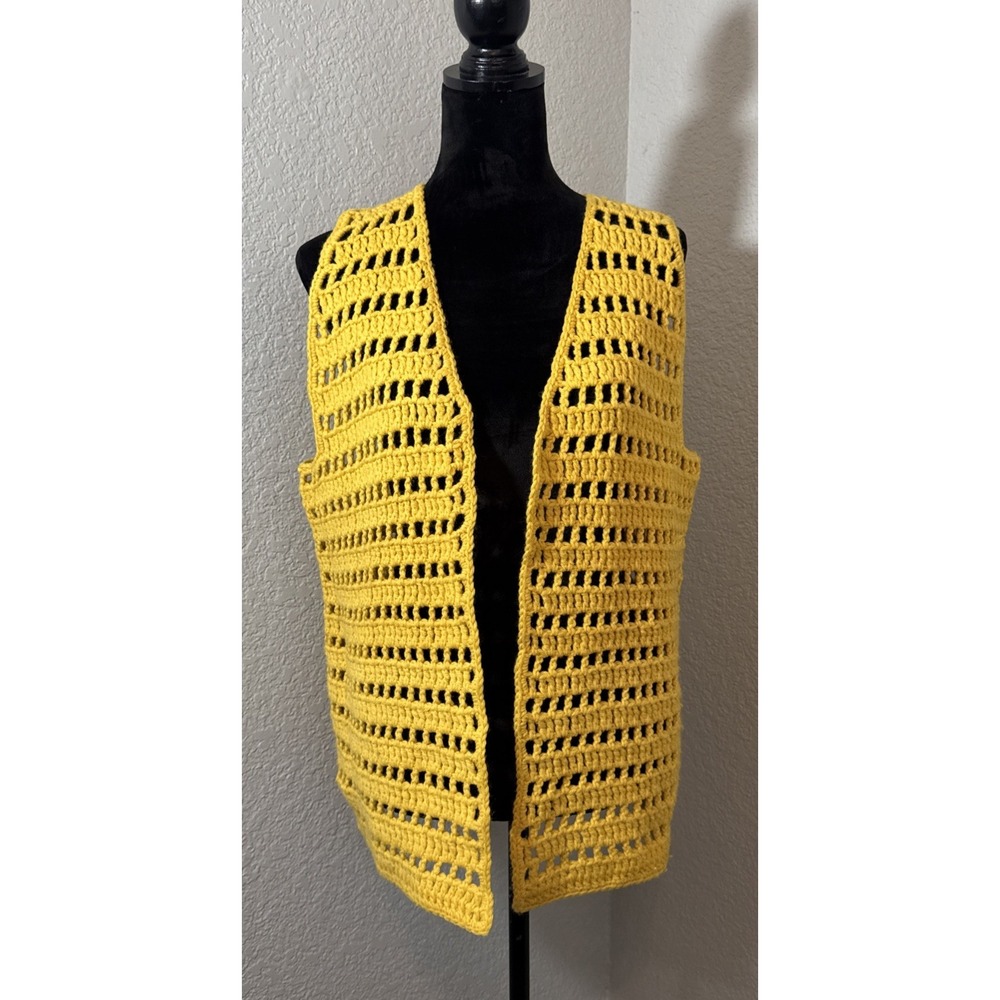 Handmade Yellow Crochet Vest Women's Boho Hippie Open Front Sleeveless Pockets